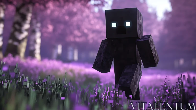 Glowing-eyed blocky explorer strolls through soft purple woods