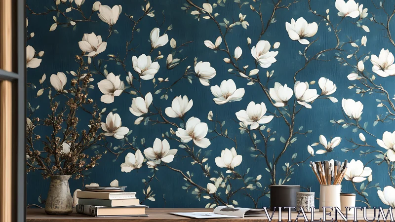 Cozy art desk against deep blue magnolia blossom wall.