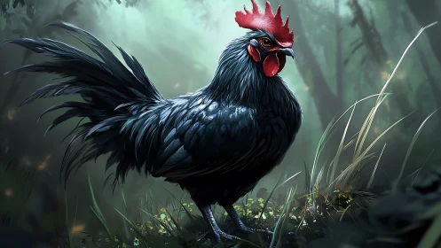 Black Rooster Portrait: Dramatic Fowl with Crimson Comb in Misty Forest