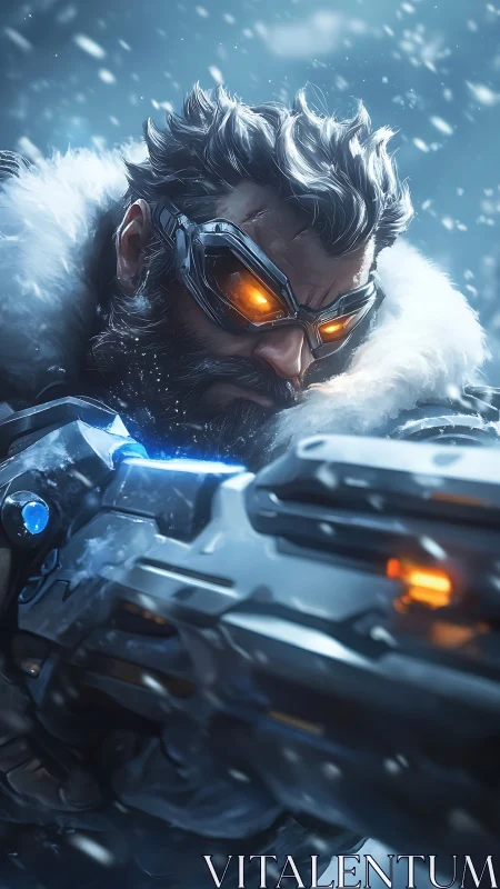 Frostbitten hero steadies a glowing rifle amid swirling snow