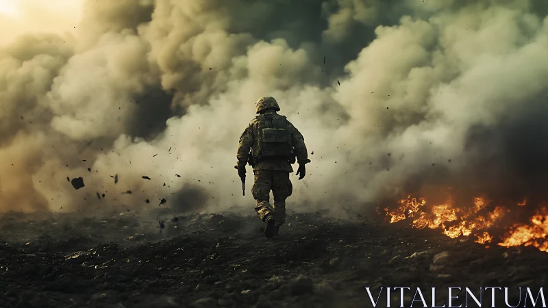 Solitary soldier advances through dense battlefield smoke