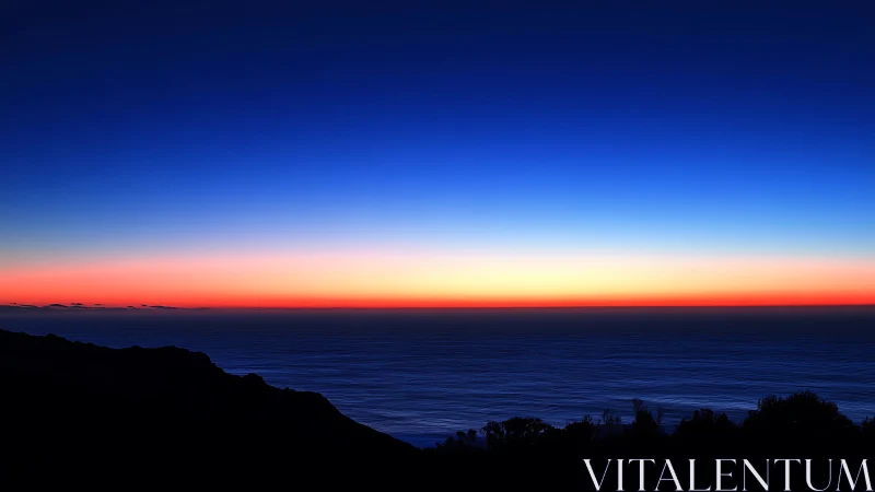 Twilight horizon melting neon dusk into deep sapphire sea.