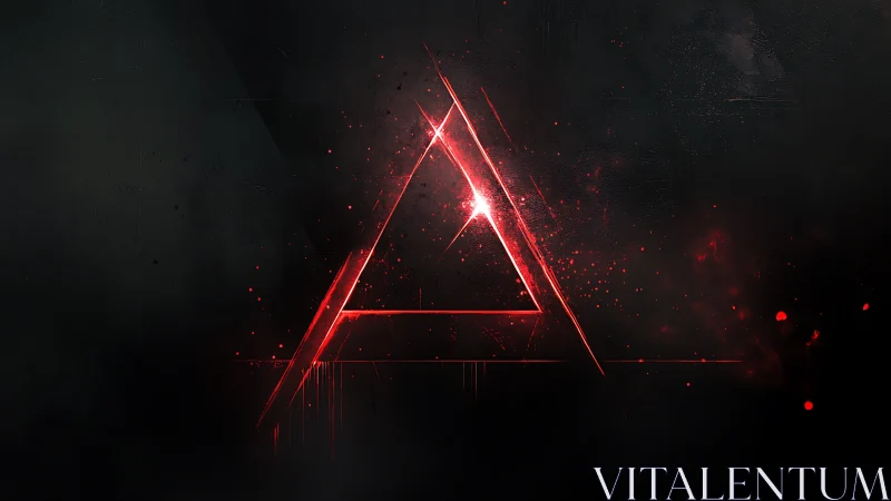 Luminous red triangle sigil in dark abstract space.