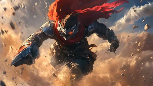 Armored warrior charges through swirling sand and light.