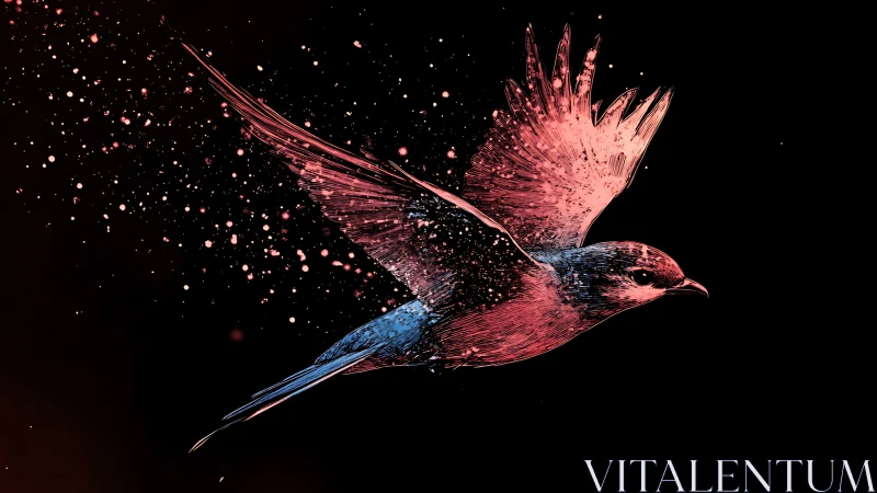 Radiant cosmic bird in flight against a starry night sky.