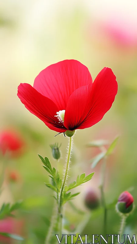 Red poppy flower in soft focus spring meadow closeup.