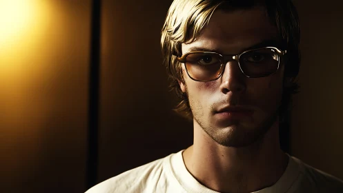 Moody low key portrait with asymmetric warm backlighting and glare