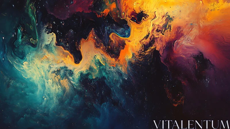 Cosmic nebula swirls ignite in vivid teal, orange, and gold.