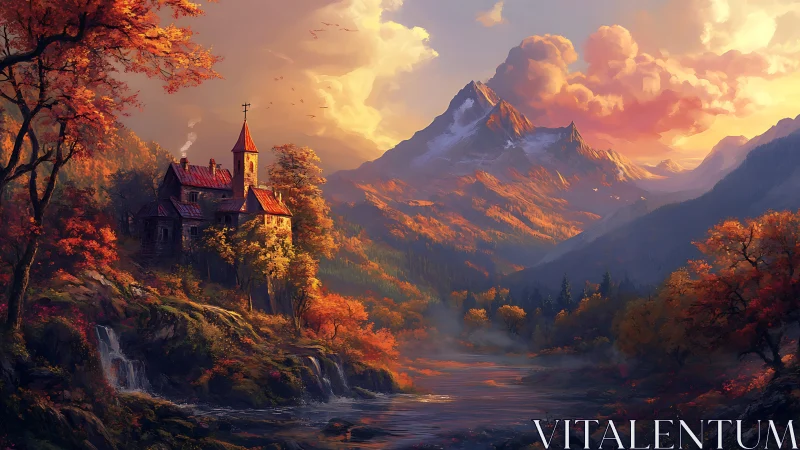 Mountain valley landscape with riverside house at sunset.