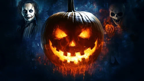 Fiery jack o lantern with sinister ghosts in dark mist.