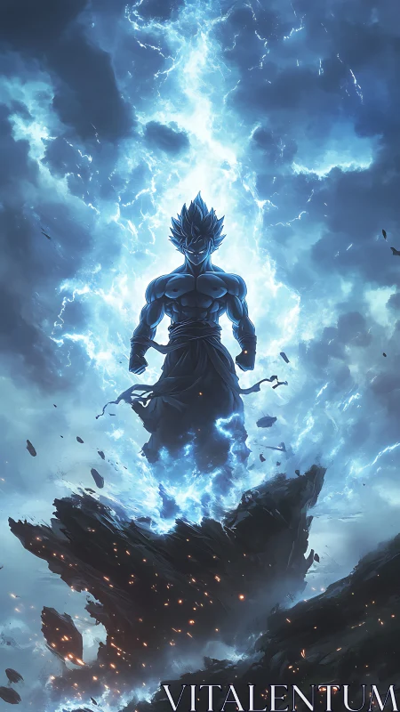 Lightning-charged warrior ascends above shattered rock