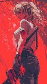 Dynamic anime heroine with bloody chainsaw against scarlet field.