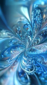 Iridescent blue fractal bloom with radial spiraling filaments.