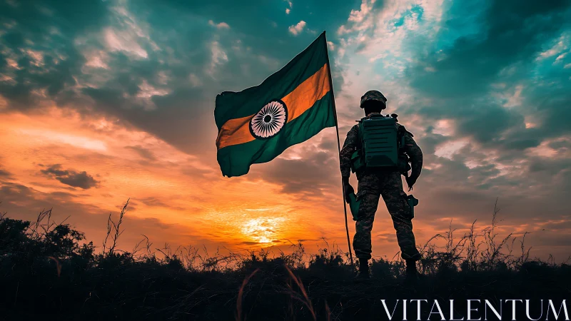 Soldier silhouetted with Indian flag against sunset sky.