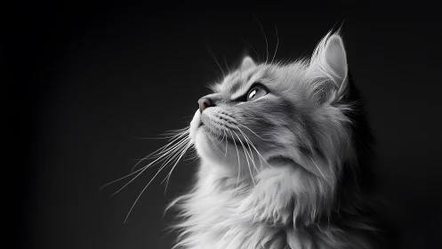 Long-haired cat profile against dark background