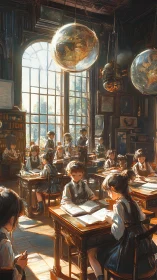 Sunlit Victorian classroom with globes and studying schoolgirls