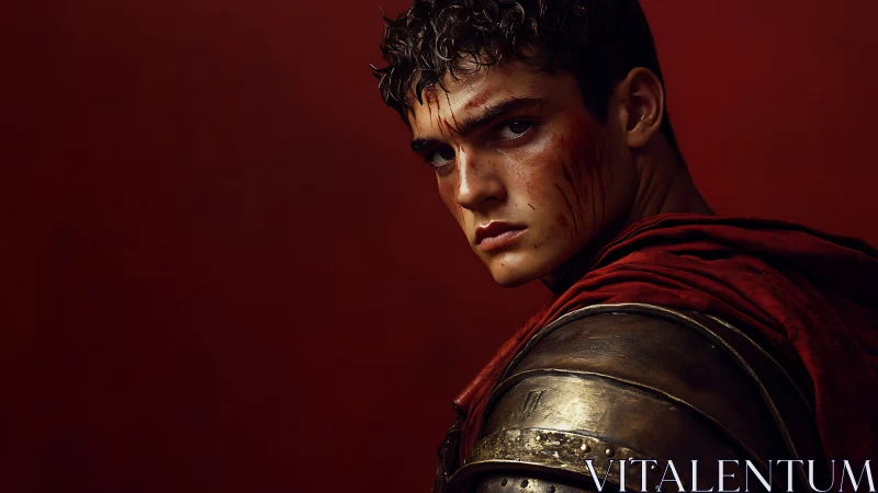 Young armored warrior with bloodstained face in profile view.