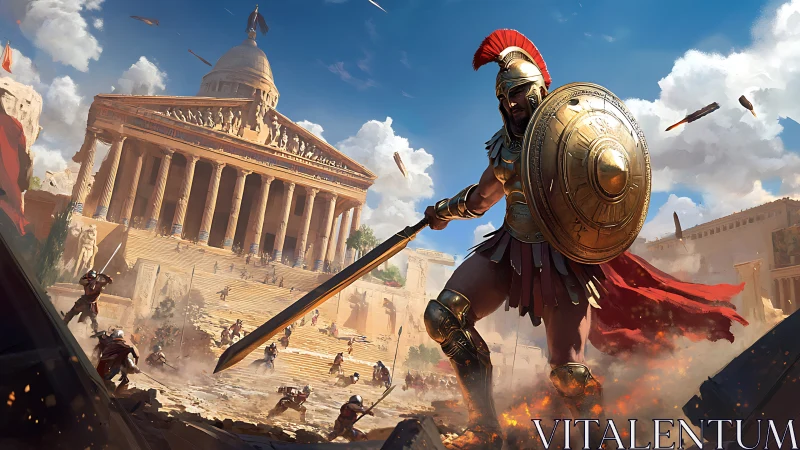 Bronze-clad Greek warrior defending temple under fiery siege.