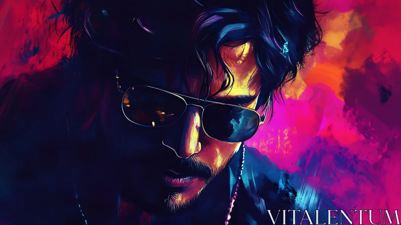 Neon-lit portrait of brooding man in reflective sunglasses.