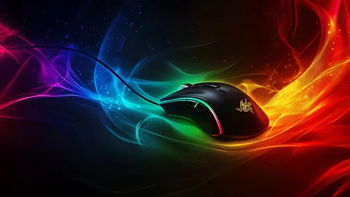 RGB-lit gaming mouse in dynamic multicolor energy wave field