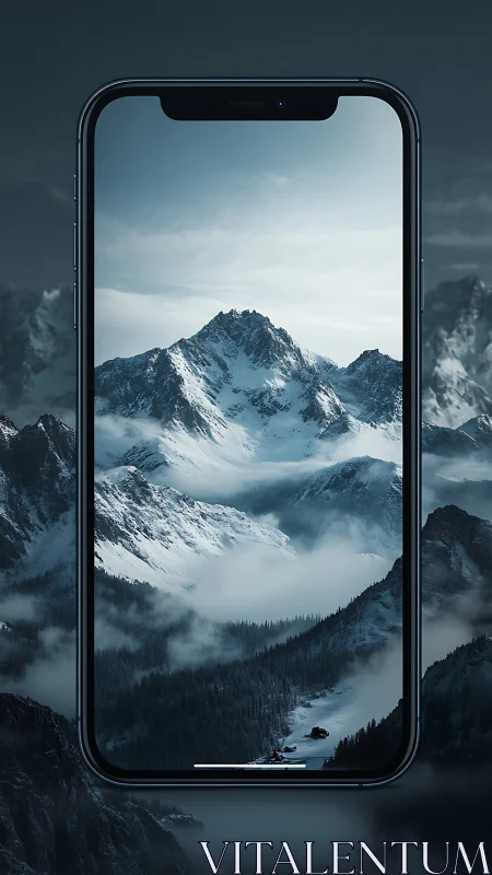Photorealistic smartphone portal framing alpine mountain vista.