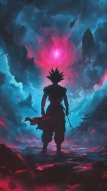 Warrior silhouette under neon storm vortex sky.