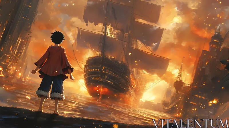 Young rebel faces blazing warship in molten sunset harbor.