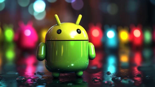 Green android robot figure on wet reflective surface at night.