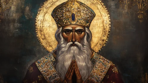 Golden haloed elder saint in brocade, whispering silent prayers.