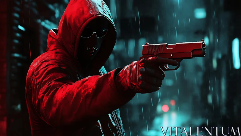 Hooded figure aims handgun in rainlit urban alley