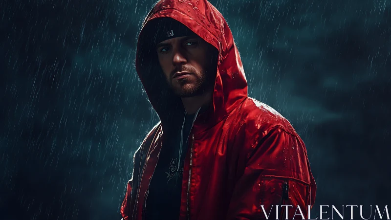 Moody hooded portrait uses cinematic lighting on red jacket