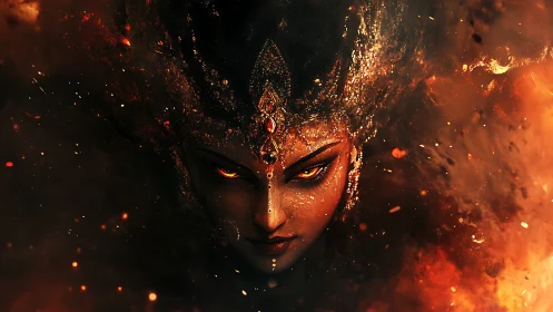 Fiery goddess gazes through swirling embers with fierce calm