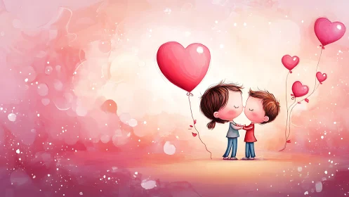 Two Figures with Heart Balloon in Pink Gradient Setting
