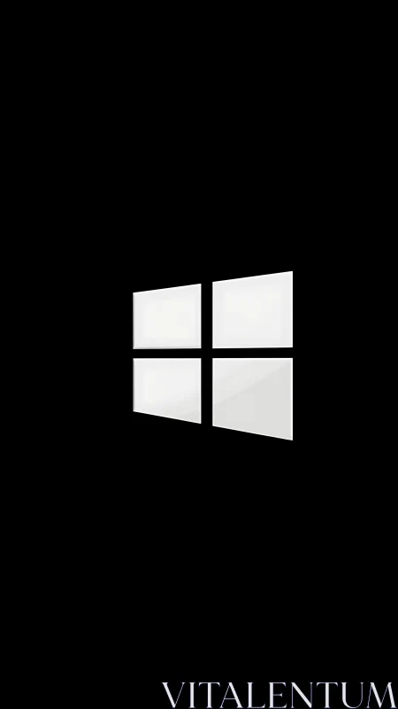 Minimalist white window icon floats on deep black background.