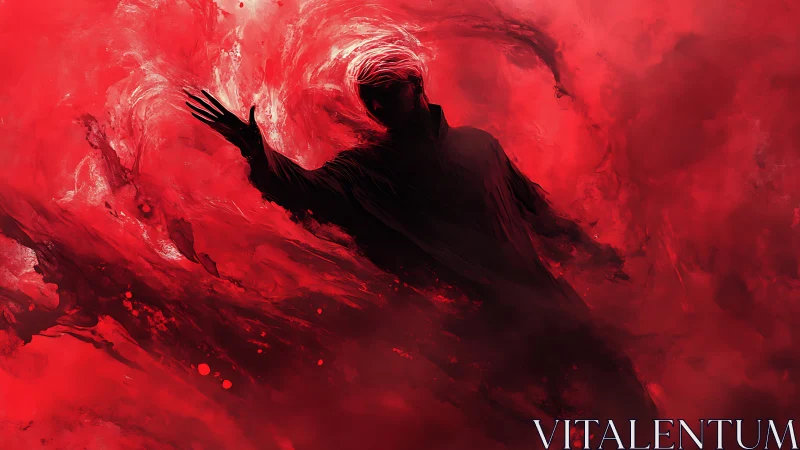 Silhouetted figure emerges from swirling crimson storm.