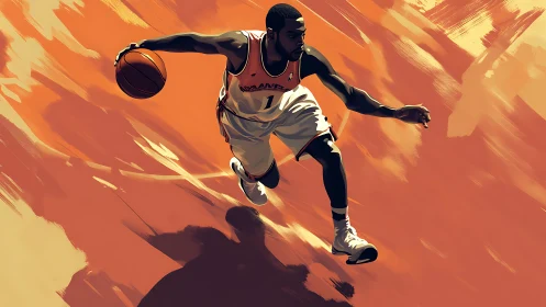 Basketball player dribbling on abstract orange court background.