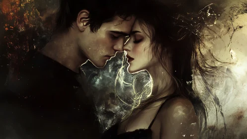 Two figures in close proximity with luminescent heart form between them.