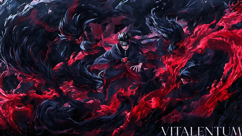 Dark robed ninja amid swirling black forms and red energy.