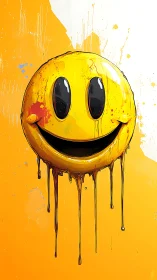 Melting yellow smiley face drips over bright orange background