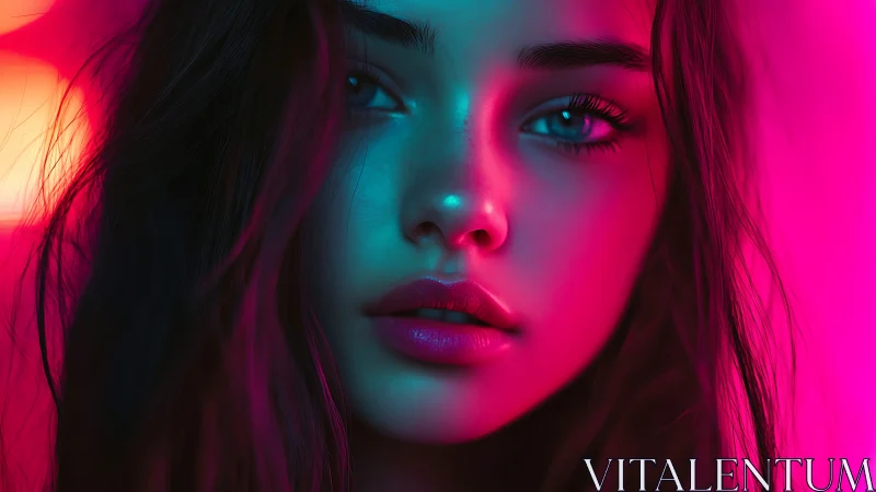 Neon-lit portrait of a dreamy gaze in soft electric color.