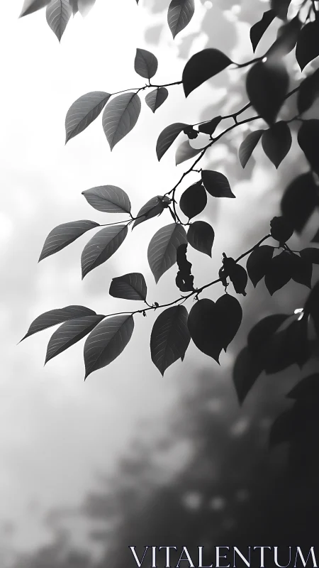 Monochrome leaves silhouette against soft morning fog.
