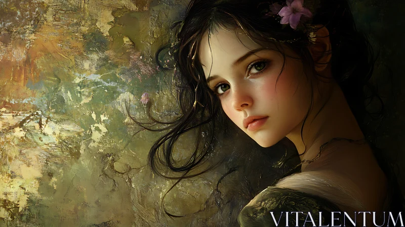 Young woman in floral digital portrait against abstract wall.