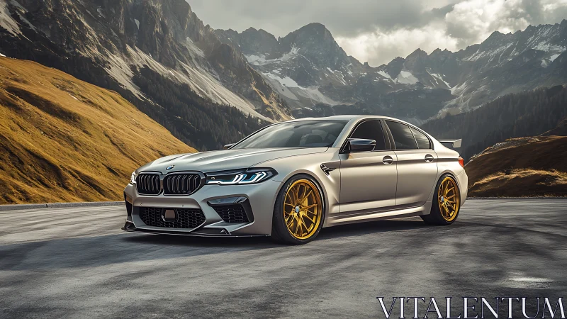 Photorealistic sports sedan with alpine landscape backdrop.