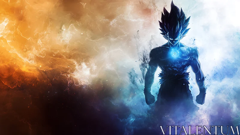 Cosmic warrior silhouette charged by dual elemental nebula