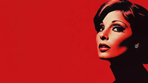Glamorous retro woman emerges against bold red backdrop.