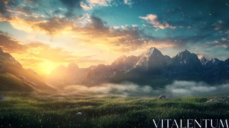 Sunlit mountain range with mist over grassy valley at dawn.