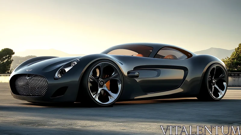 Graphite supercar concept with sculpted curves at sunrise.