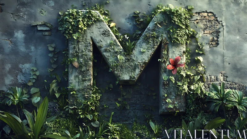 Monolithic letter M reclaimed by lush, overgrown nature.