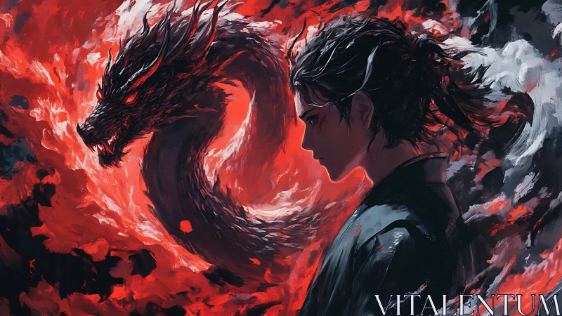 Warrior confronts fiery dragon spirit in swirling red storm