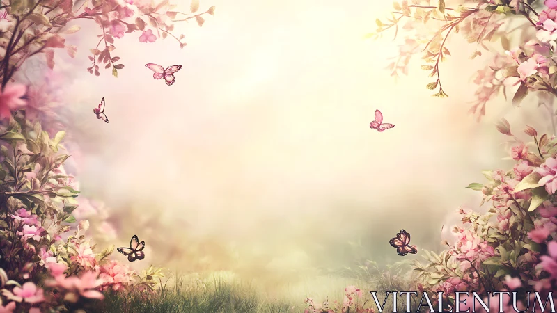 Spring Garden with Pink Flowers and Butterflies